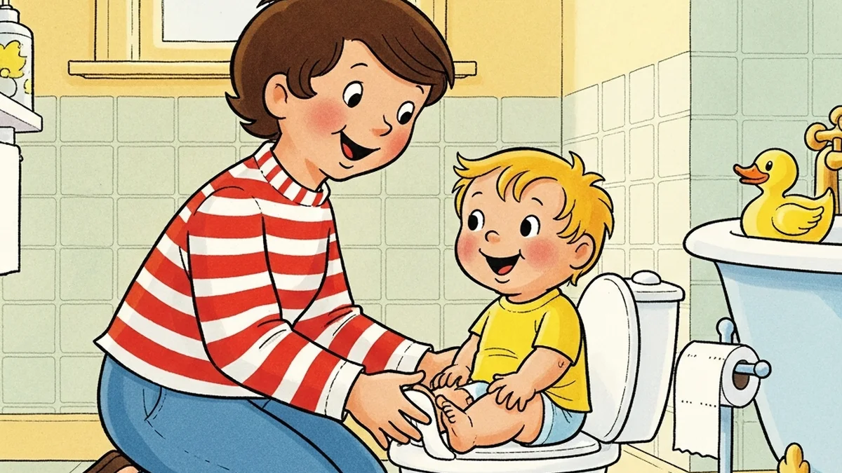 Toddler sitting on a small colorful potty chair in a bright cheerful bathroom with a parent nearby offering encouragement