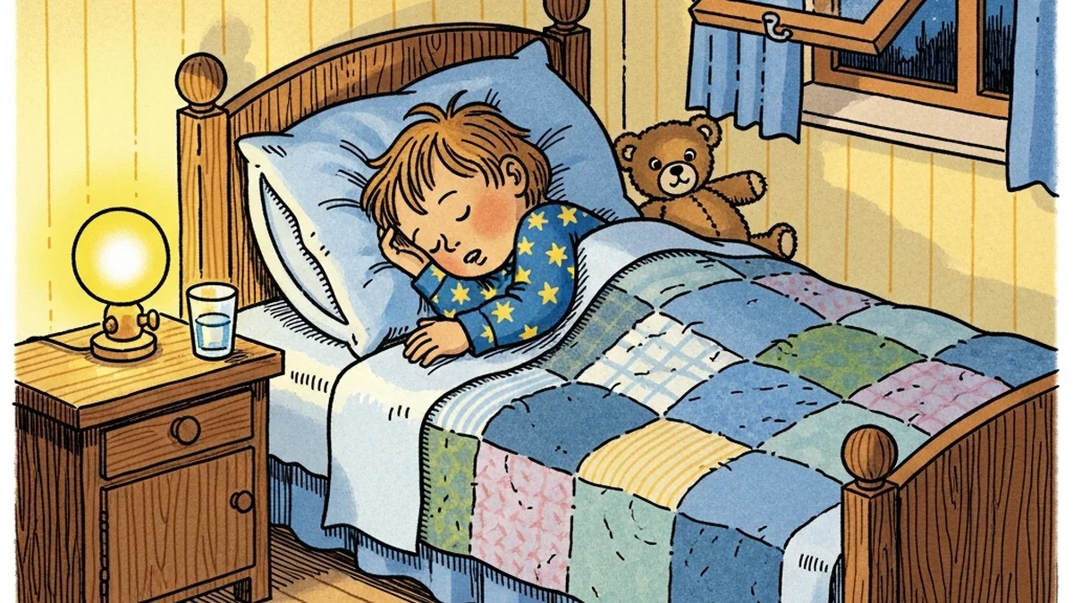 Young child sleeping peacefully in a cozy bedroom with a nightlight glowing on the bedside table