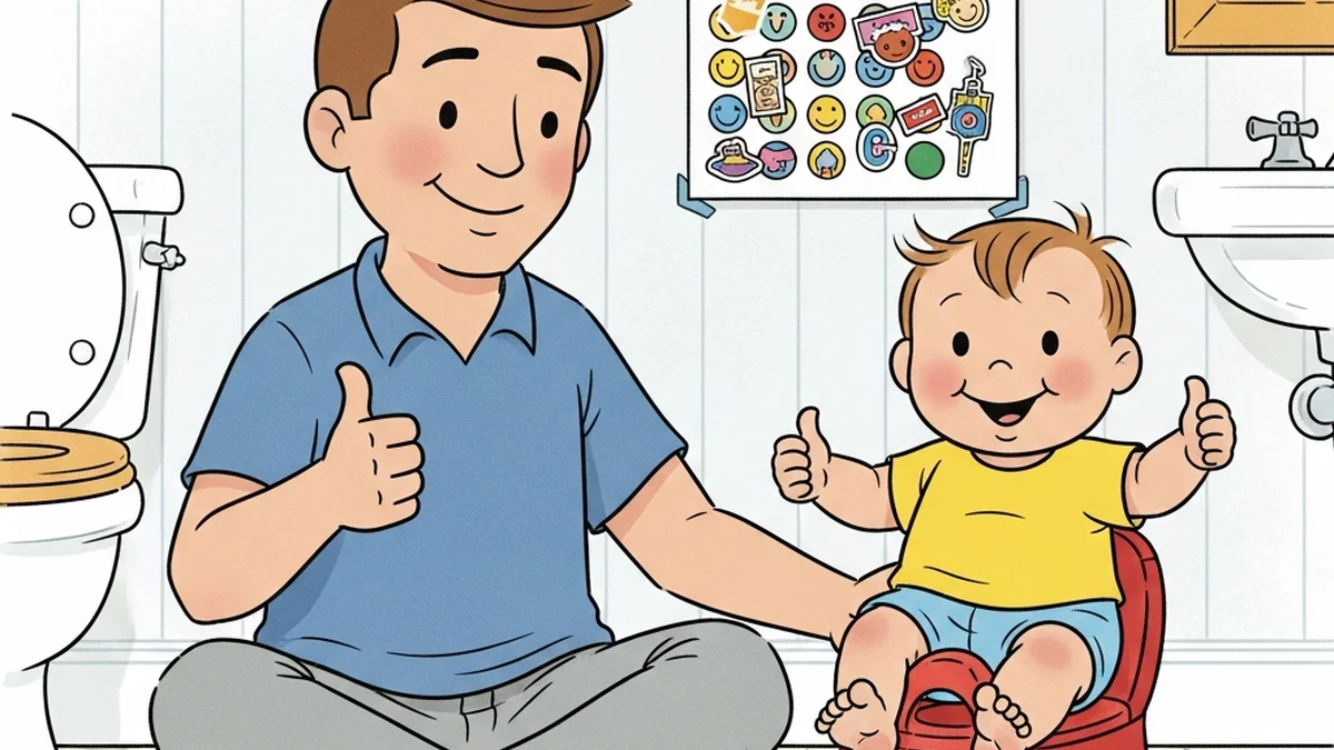 Father sitting on bathroom floor next to smiling toddler on a small potty chair, both giving thumbs up with a sticker chart on the wall