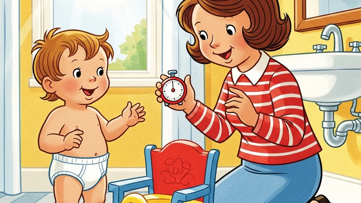 Toddler standing next to a colorful potty chair in a sunny bathroom with a parent kneeling nearby holding a timer on potty training day one