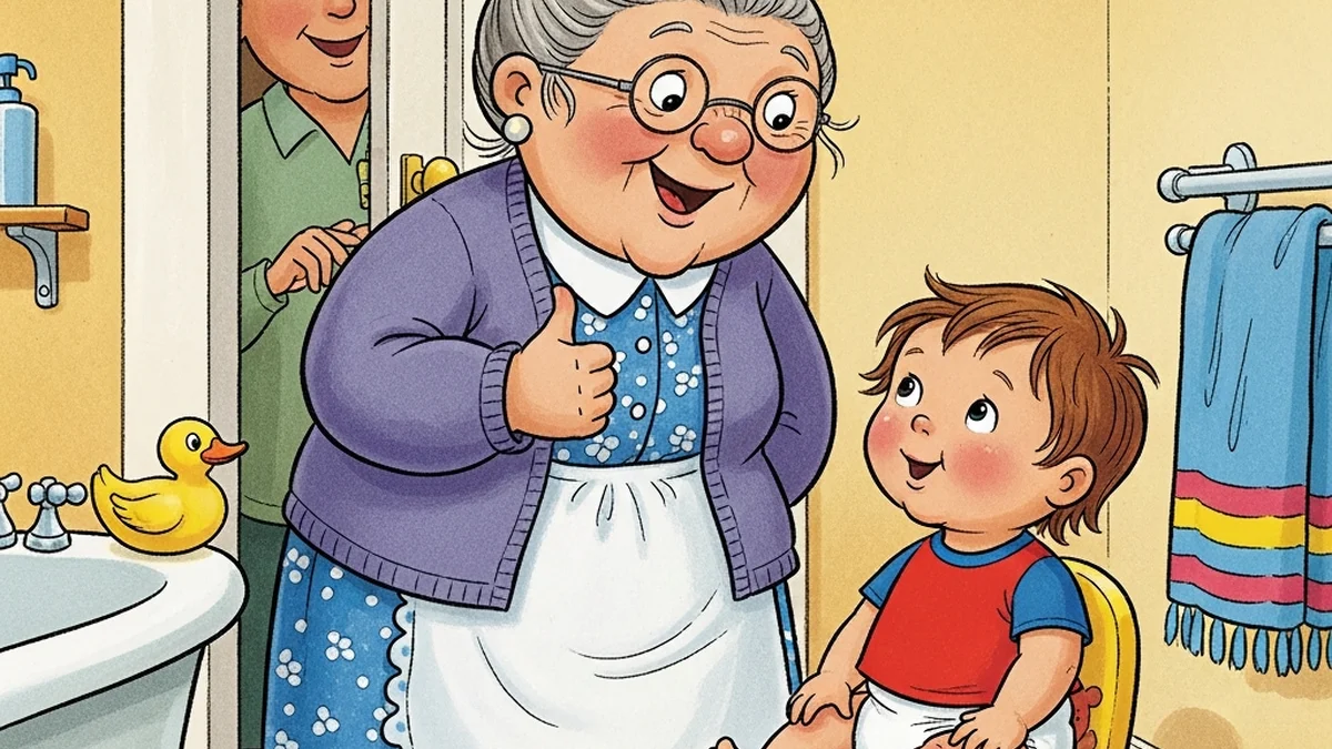 Grandma encouraging a toddler sitting on a small potty chair while a parent watches from the doorway