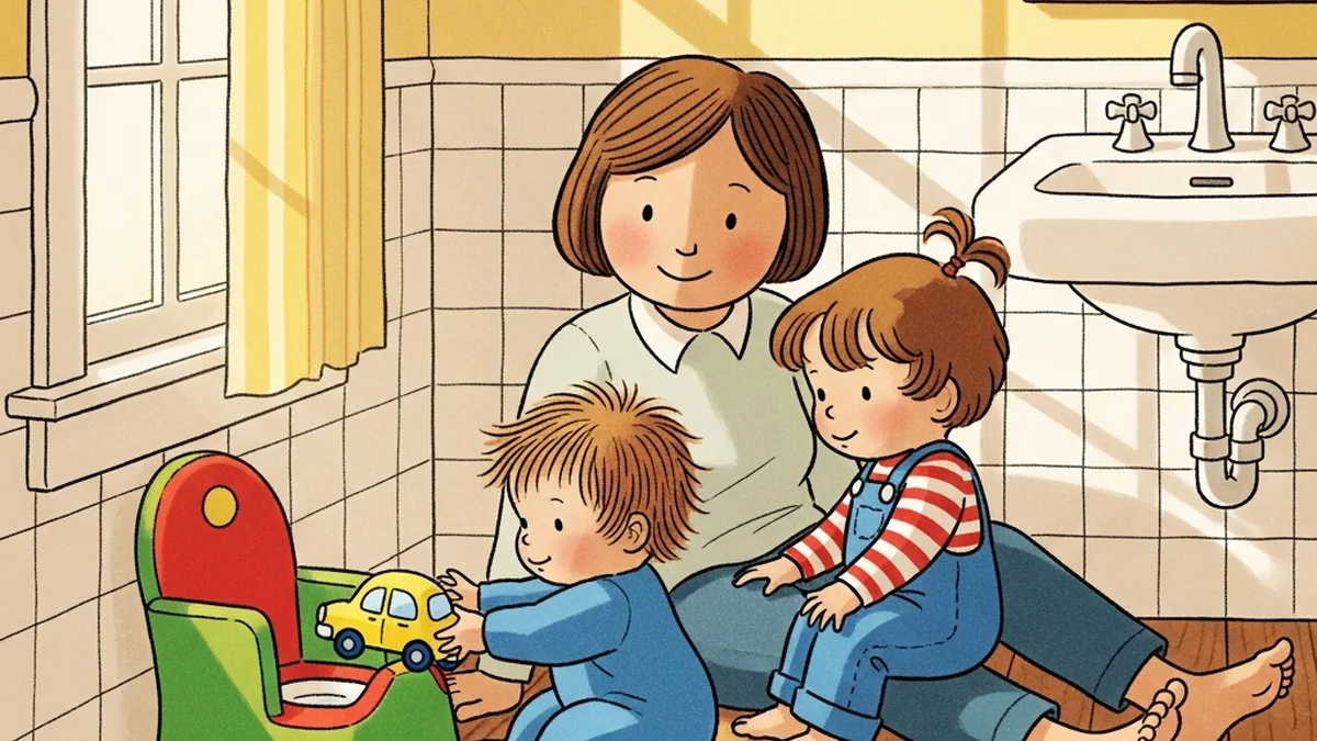 Parent sitting with two toddlers of different ages near a colorful potty chair in a sunny bathroom, children's book illustration style