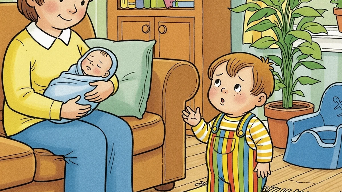 Toddler looking curiously at parent holding a new baby with a small colorful potty chair in the background