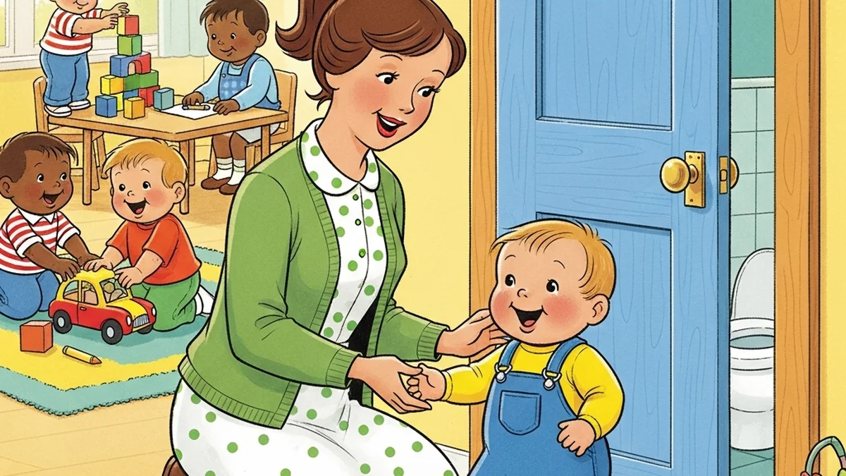 Cheerful toddler walking into a bright daycare classroom with a small backpack, a friendly teacher greeting them near a child-sized bathroom