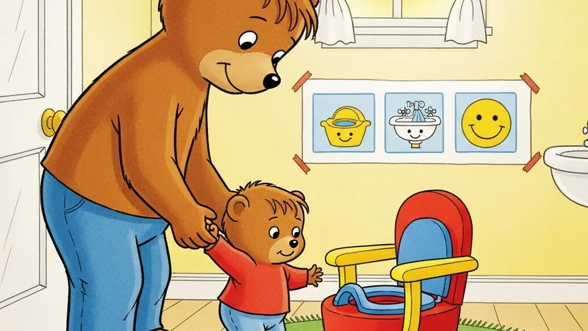 Parent gently guiding a calm toddler toward a colorful potty chair in a softly lit bathroom with visual schedule on the wall