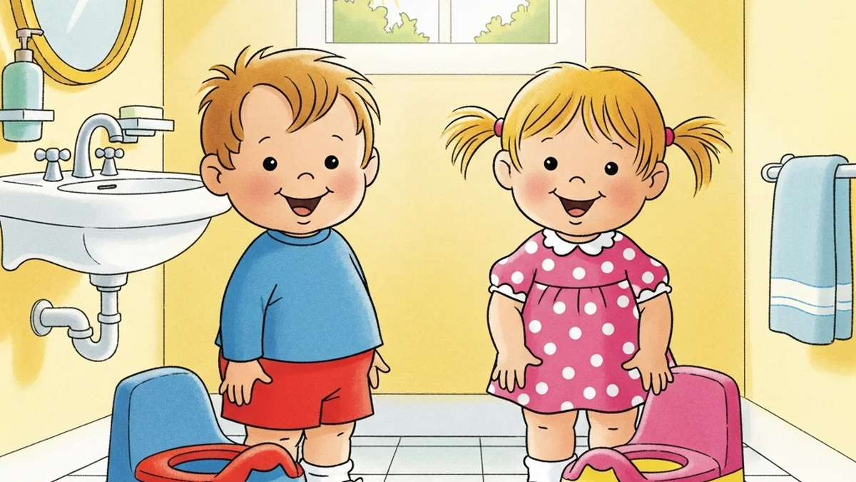 Toddler boy and toddler girl standing side by side in a bright bathroom, each next to their own small colorful potty chair