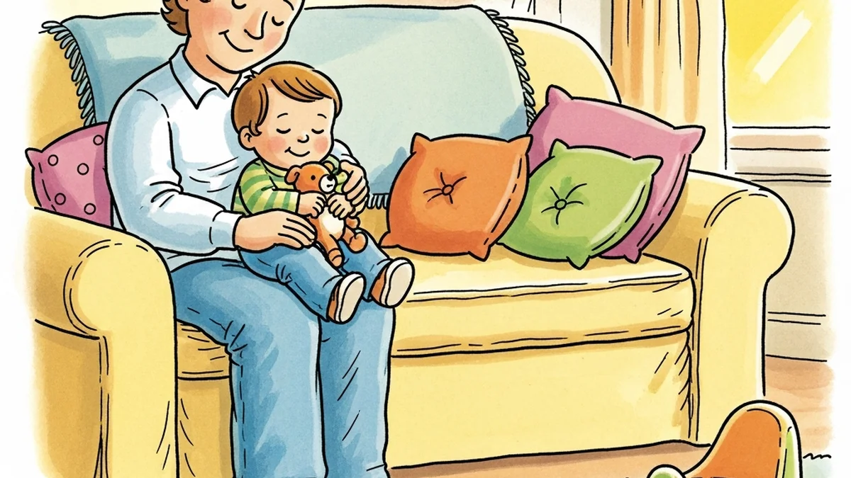 Parent and toddler sitting calmly together on a cozy couch with a small potty chair nearby in a warm children's book illustration
