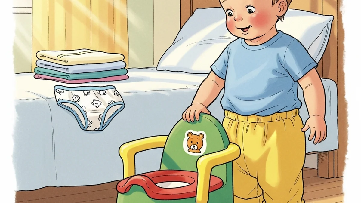 Cheerful toddler in loose elastic-waist pants and cotton t-shirt standing next to a small potty chair in a sunny bedroom, with folded clothes and underwear on the bed nearby