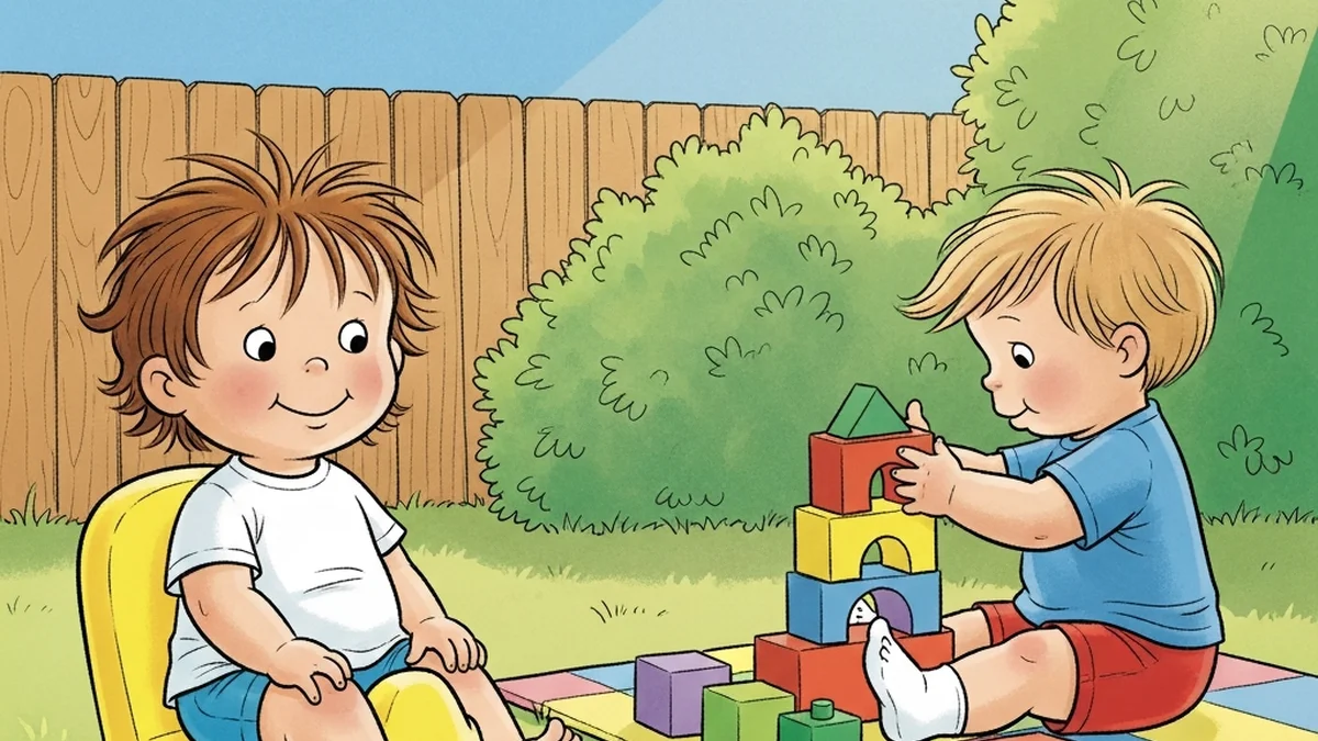 Two toddlers playing happily in a sunny backyard, one sitting on a potty chair and the other playing with blocks, both content at their own pace