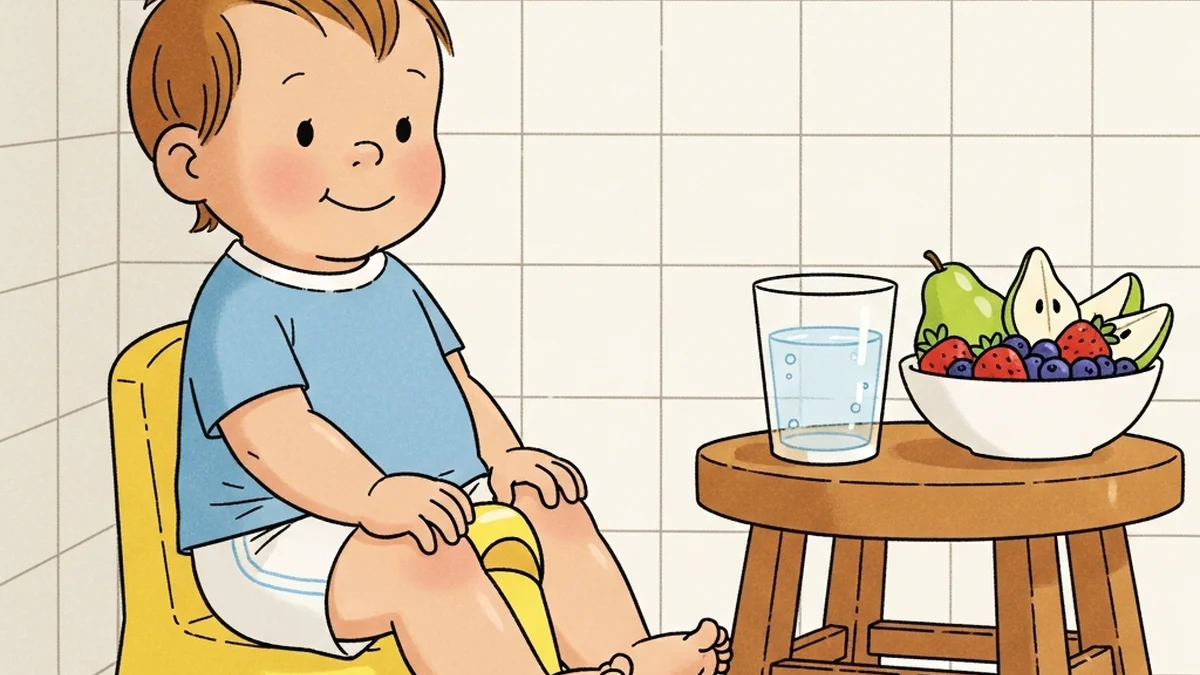 Toddler sitting comfortably on a small potty chair in a bright bathroom with a glass of water and bowl of fruit nearby