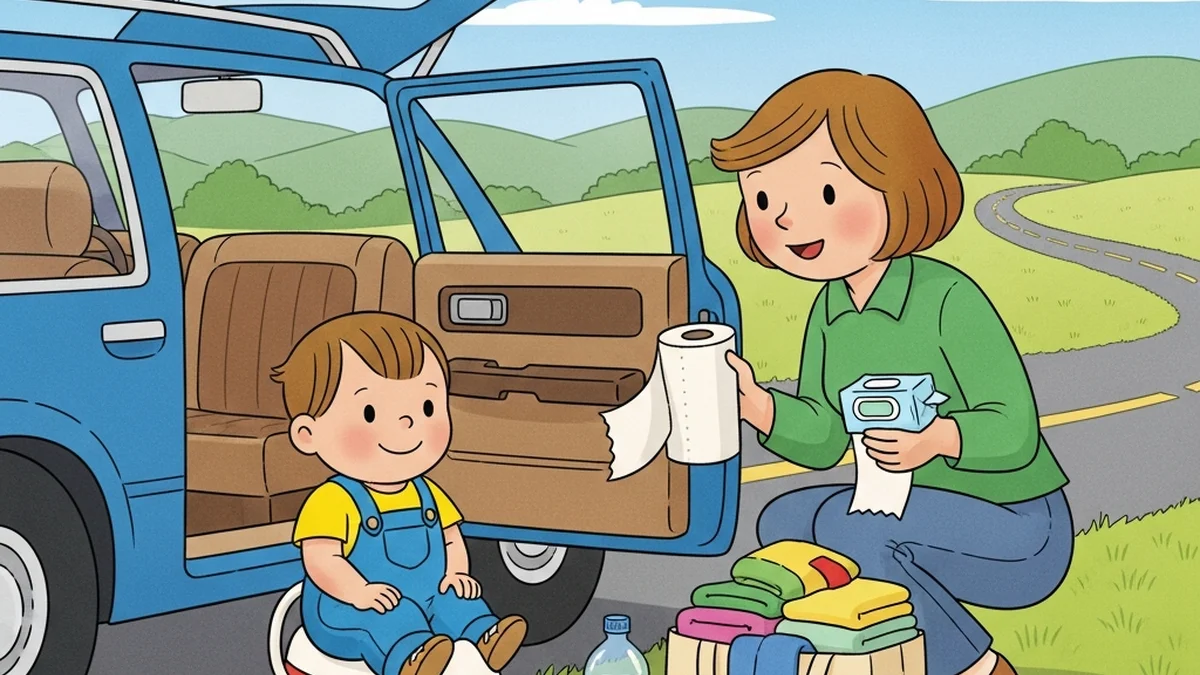 Toddler sitting on a portable travel potty beside a parked family car on a sunny roadside, with a suitcase and water bottle nearby