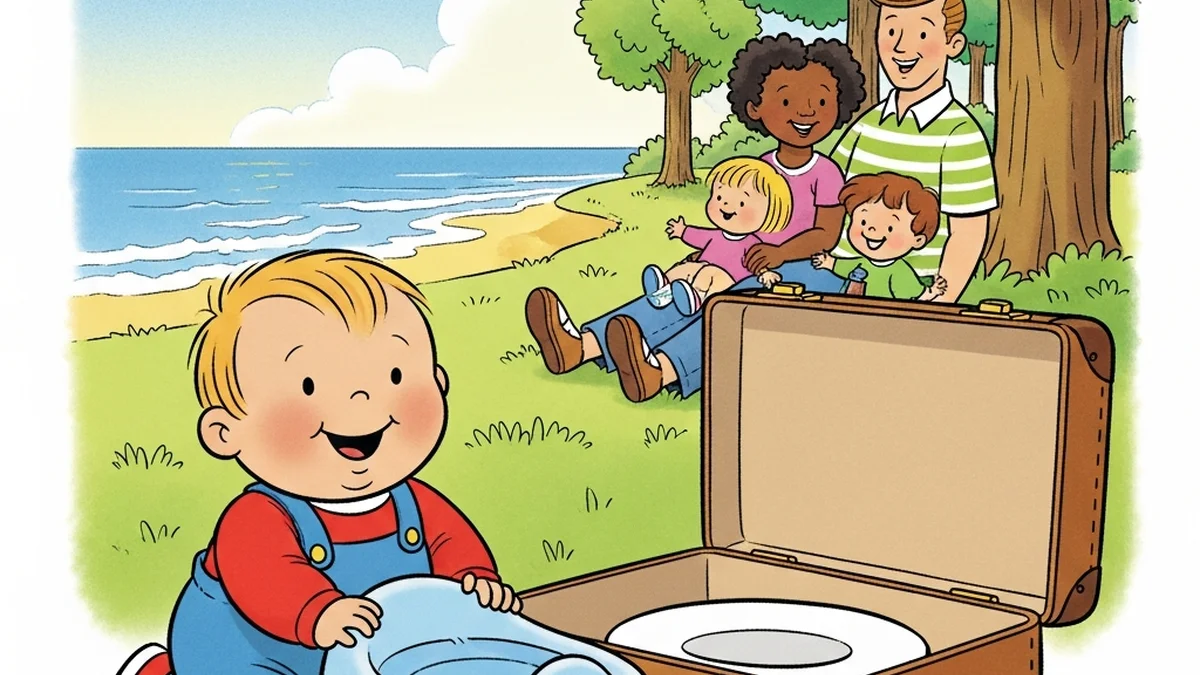 Cheerful toddler with a travel potty next to a suitcase in a sunny vacation setting