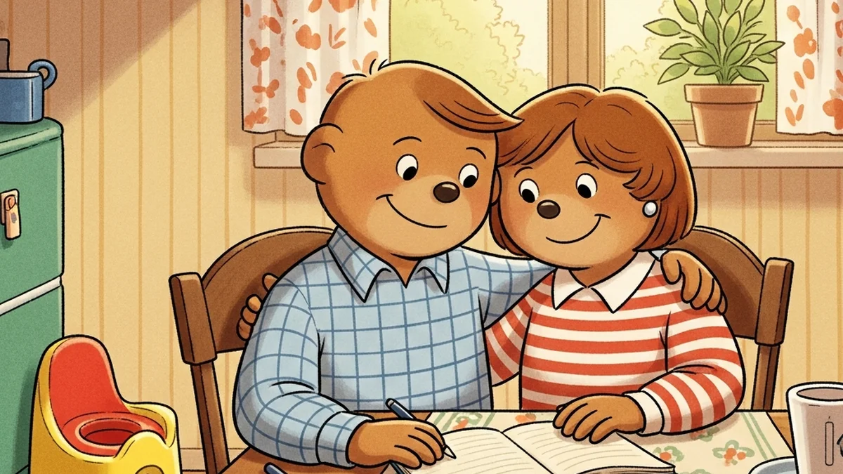 Two parents talking at a kitchen table with a small potty chair and toddler toys nearby