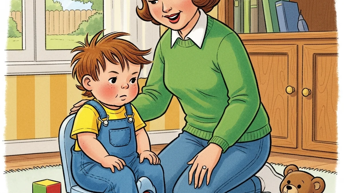 Toddler sitting on a small potty looking thoughtful while a parent waits patiently nearby