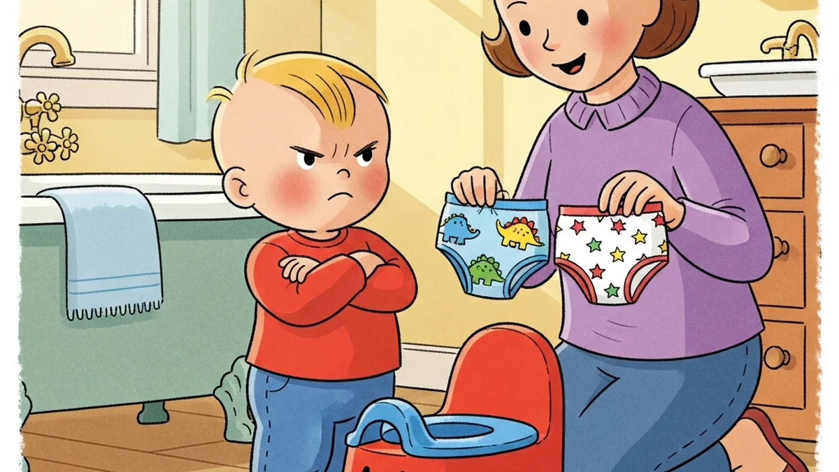 Stubborn toddler with arms crossed next to a colorful potty chair while a patient parent offers choices in a cozy bathroom