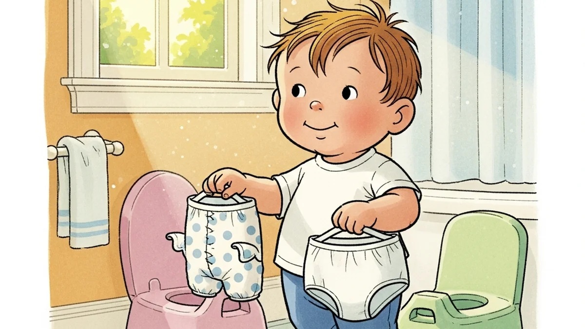 Toddler in a bright bathroom holding training pants in one hand and regular underwear in the other, standing next to a small potty chair