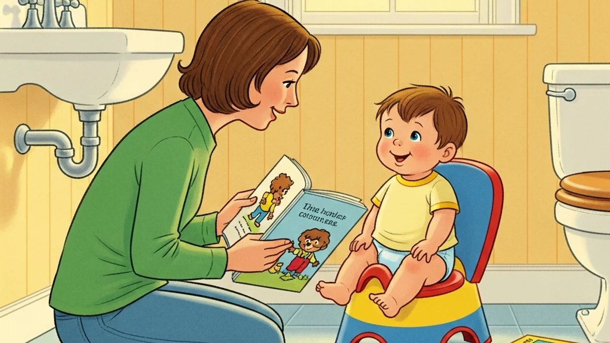 Toddler sitting on a small potty chair looking at a tablet with a parent nearby in a cozy bathroom