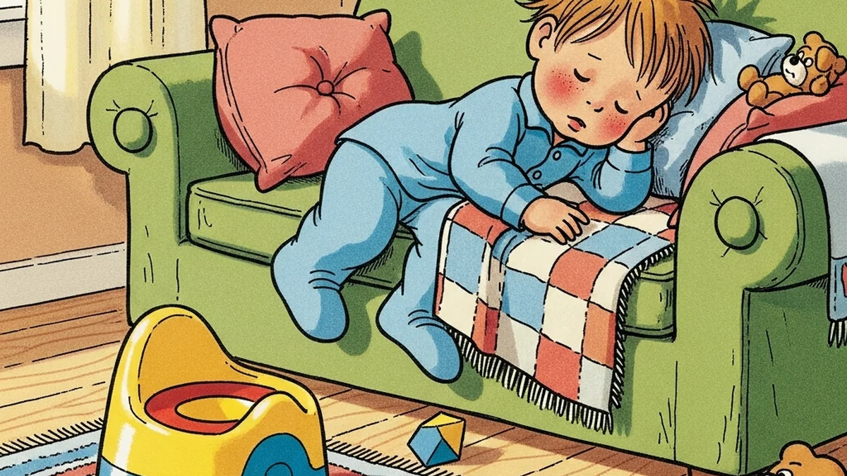 Toddler resting on a couch with a blanket and a small potty nearby in a cozy living room