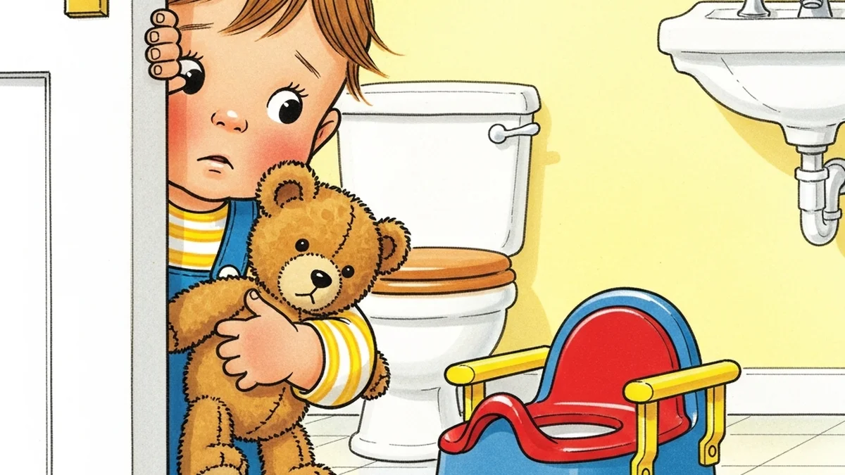 Shy toddler peeking around a doorway at a small colorful potty chair in a bright bathroom