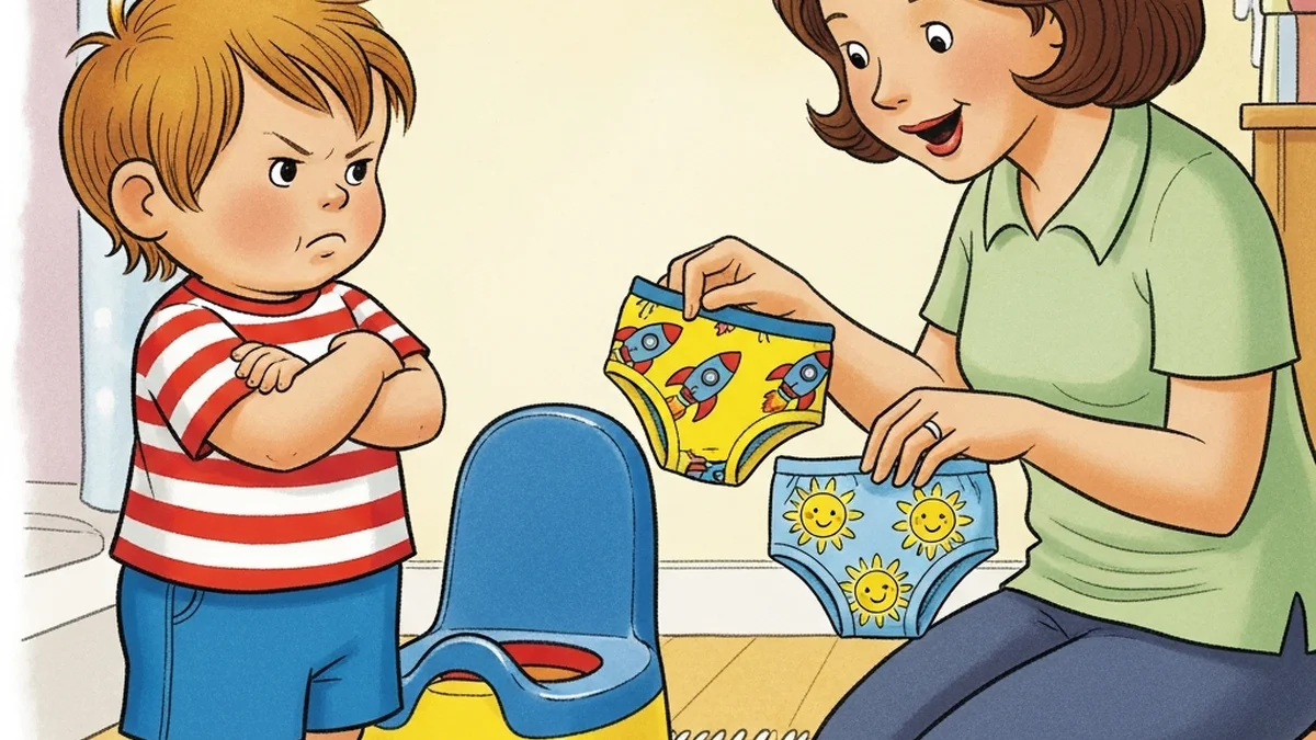 Determined toddler with arms crossed standing next to a colorful potty chair while a calm parent kneels nearby offering a choice of two pairs of underwear