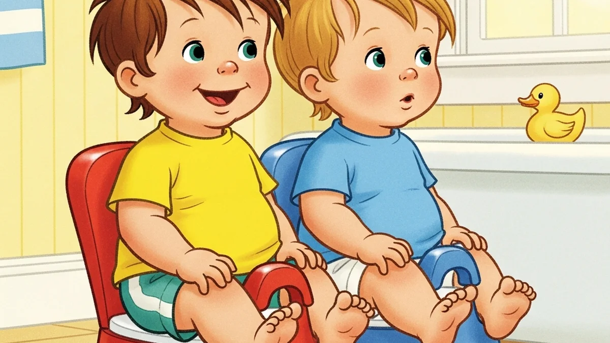 Two toddler twins sitting side by side on colorful potty chairs in a bright bathroom