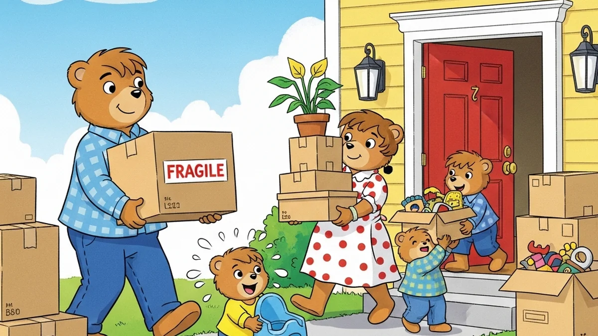 Toddler holding a small backpack standing between two cozy houses, with a parent waving goodbye at one door and another parent welcoming them at the other