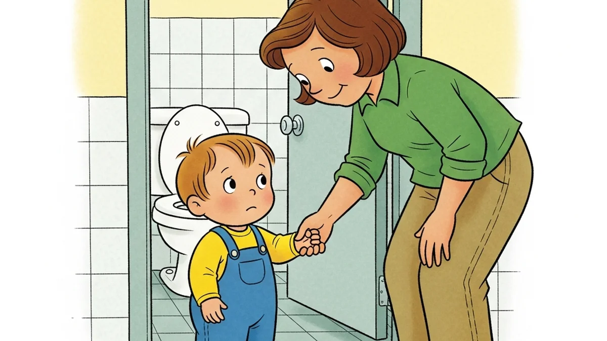 Toddler nervously holding a parent's hand at the entrance of a public restroom in a children's book illustration style