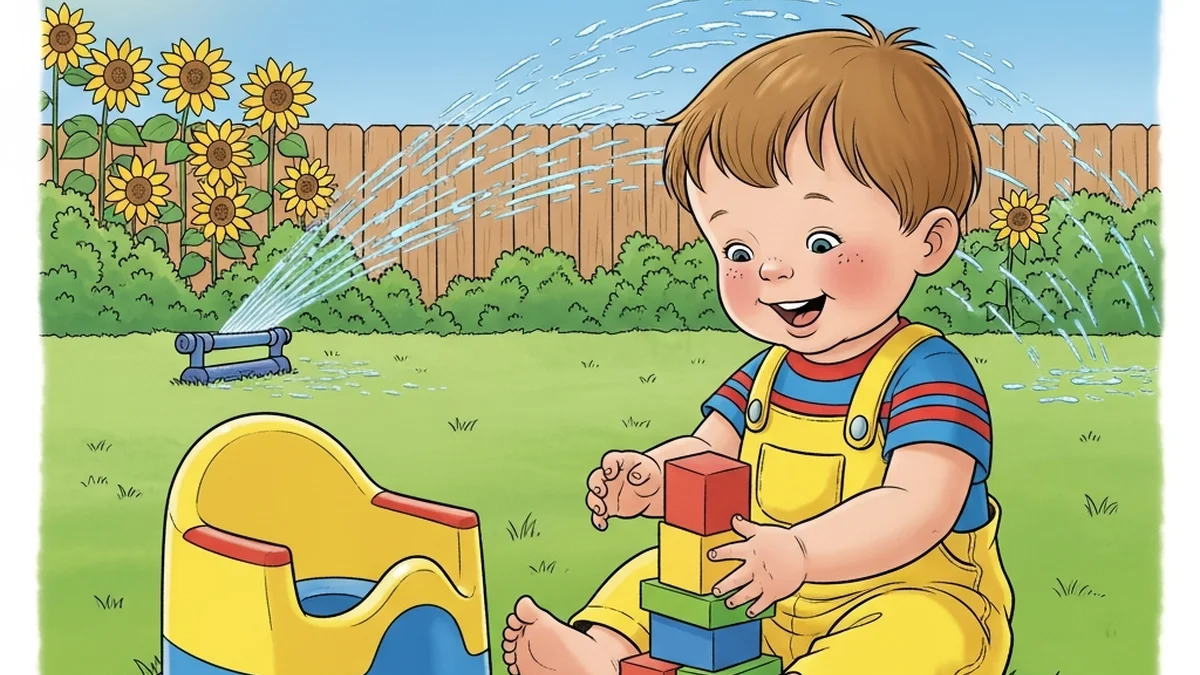 Smiling toddler in a swimsuit and swim diaper standing at the edge of a sunny backyard pool with a parent nearby
