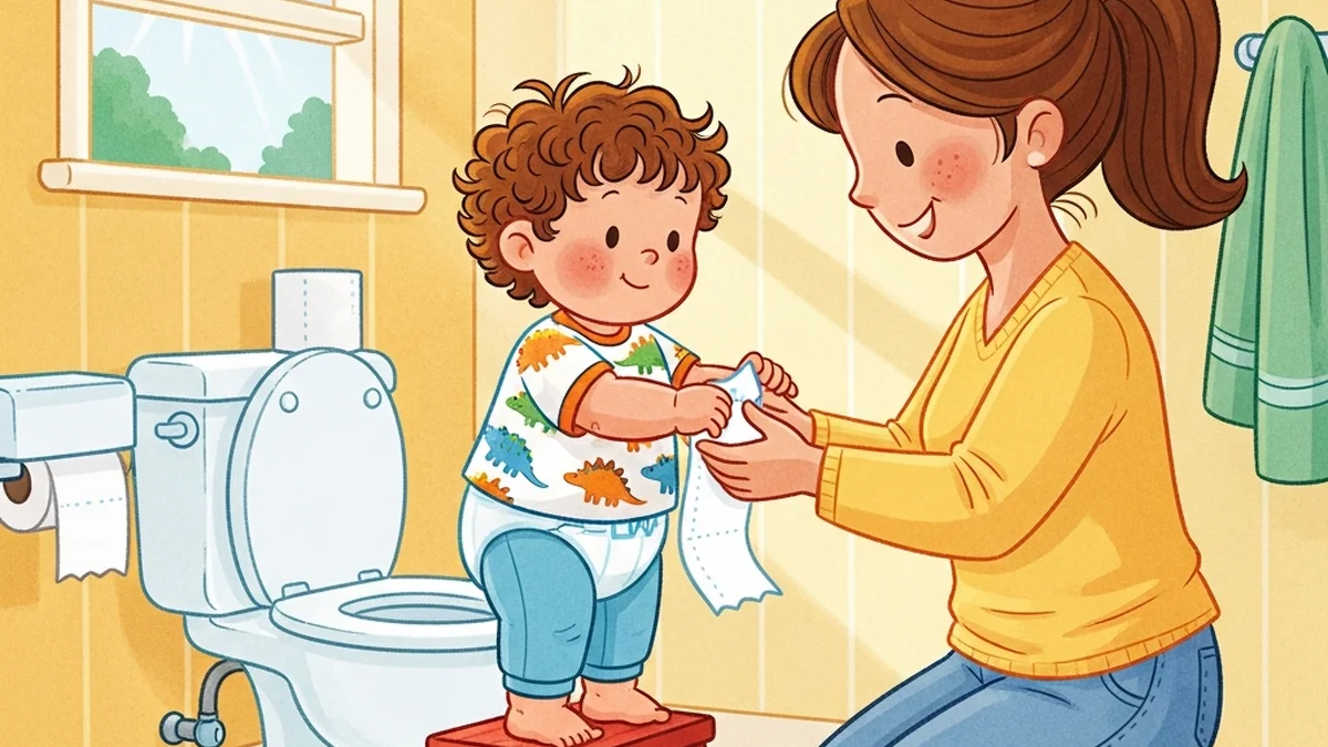 Parent showing a cheerful toddler how to use toilet paper in a bright friendly bathroom