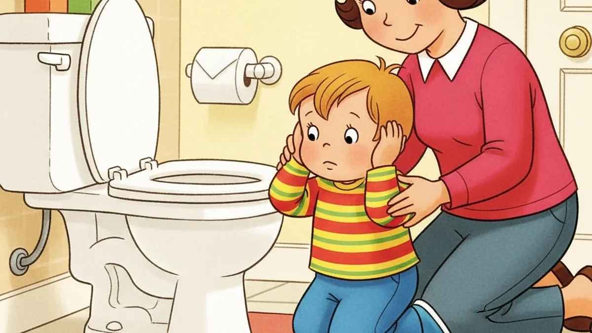 Toddler covering ears near a bathroom toilet looking worried while a parent kneels beside them offering comfort