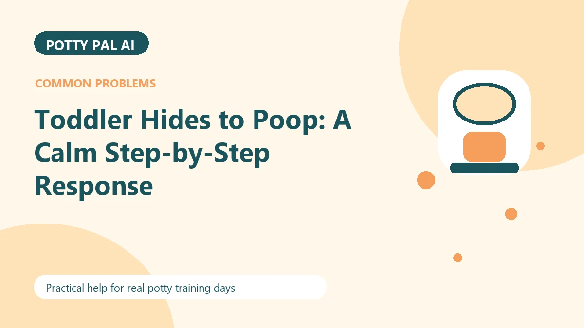 Small potty chair illustration on a Potty Pal AI hero card titled Toddler Hides to Poop: A Calm Step-by-Step Response
