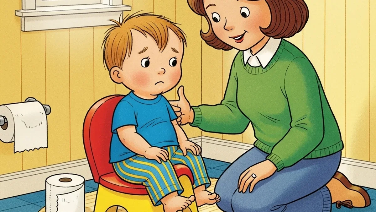 Toddler standing in a puddle of pee on the floor pointing at the potty and telling parent after the fact