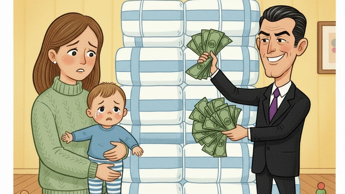 Cheerful toddler standing next to a tall stack of colorful diapers while looking curiously at a small potty chair in a sunny nursery